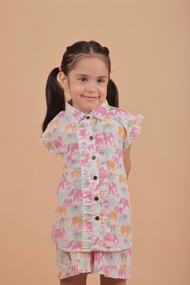 Girls Cotton Elephant Print Co-Ord Set – Shirt & Shorts Combo
