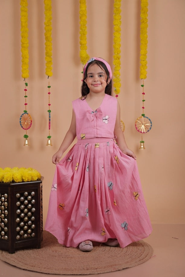 Kids Ethnic Wear – Girls Pink Lehenga Set with Sleeveless Top