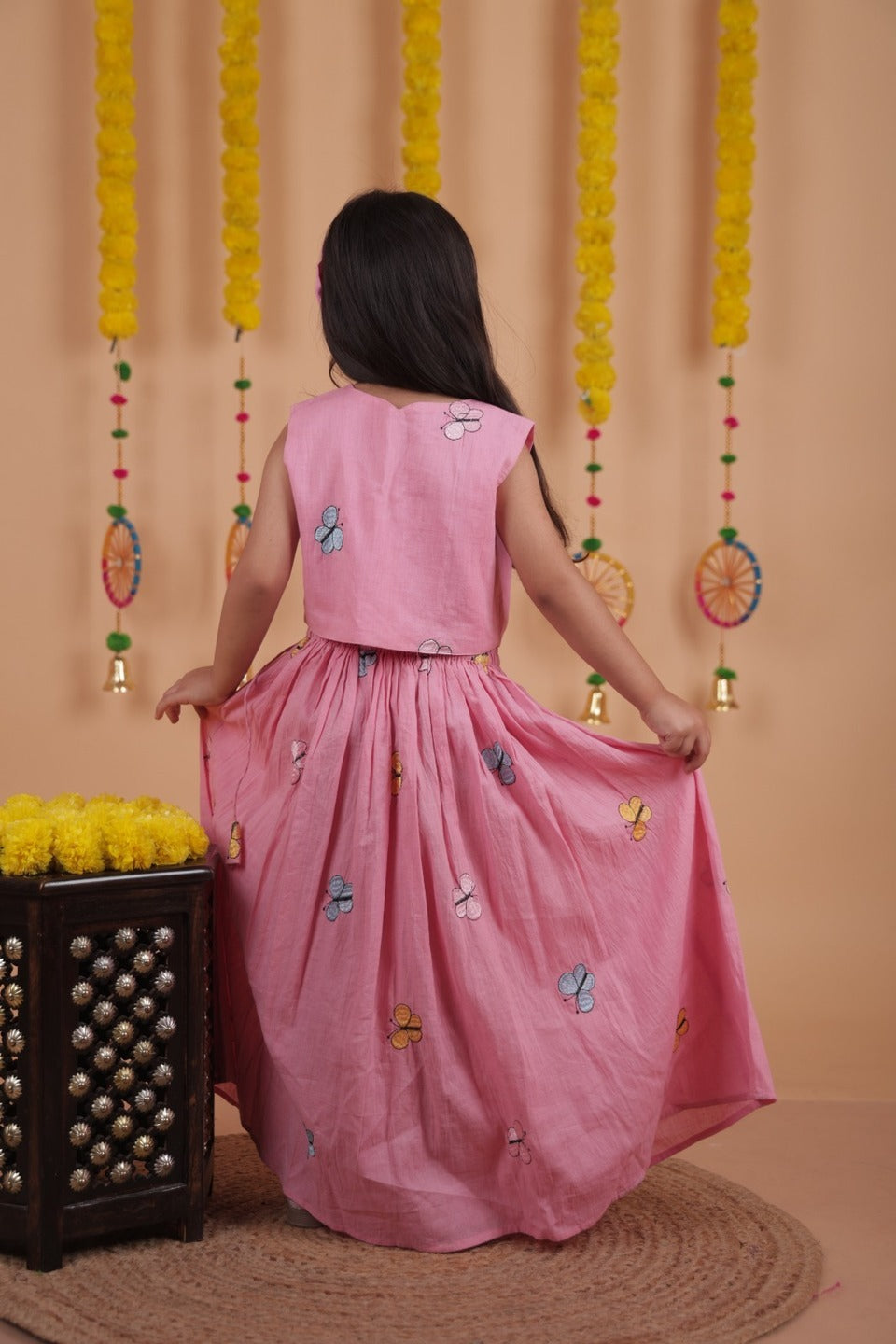 Kids Ethnic Wear – Girls Pink Lehenga Set with Sleeveless Top