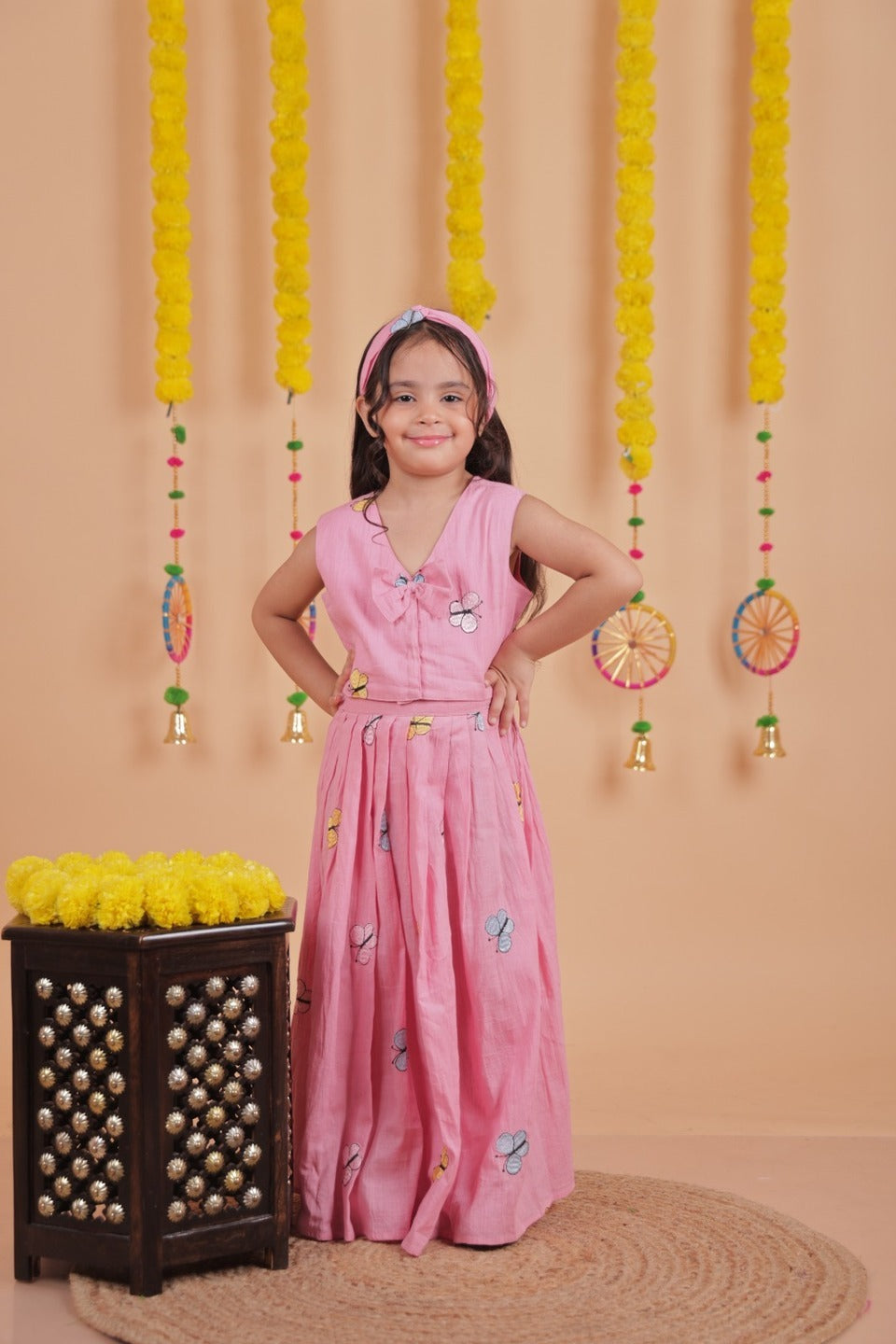 Kids Ethnic Wear – Girls Pink Lehenga Set with Sleeveless Top