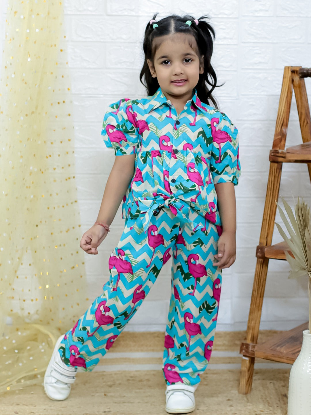 Unbind Girls Flamingo Print Co-Ord Set | Cotton Shirt & Pants
