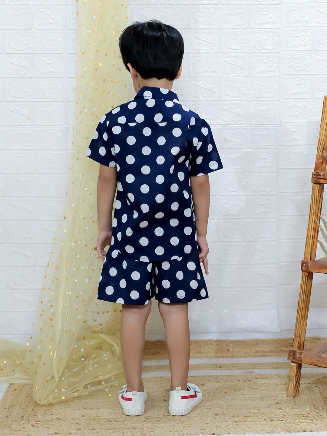 Unbind Boys Navy Polka Dot Co-Ord Set | Cotton Shirt & Shorts